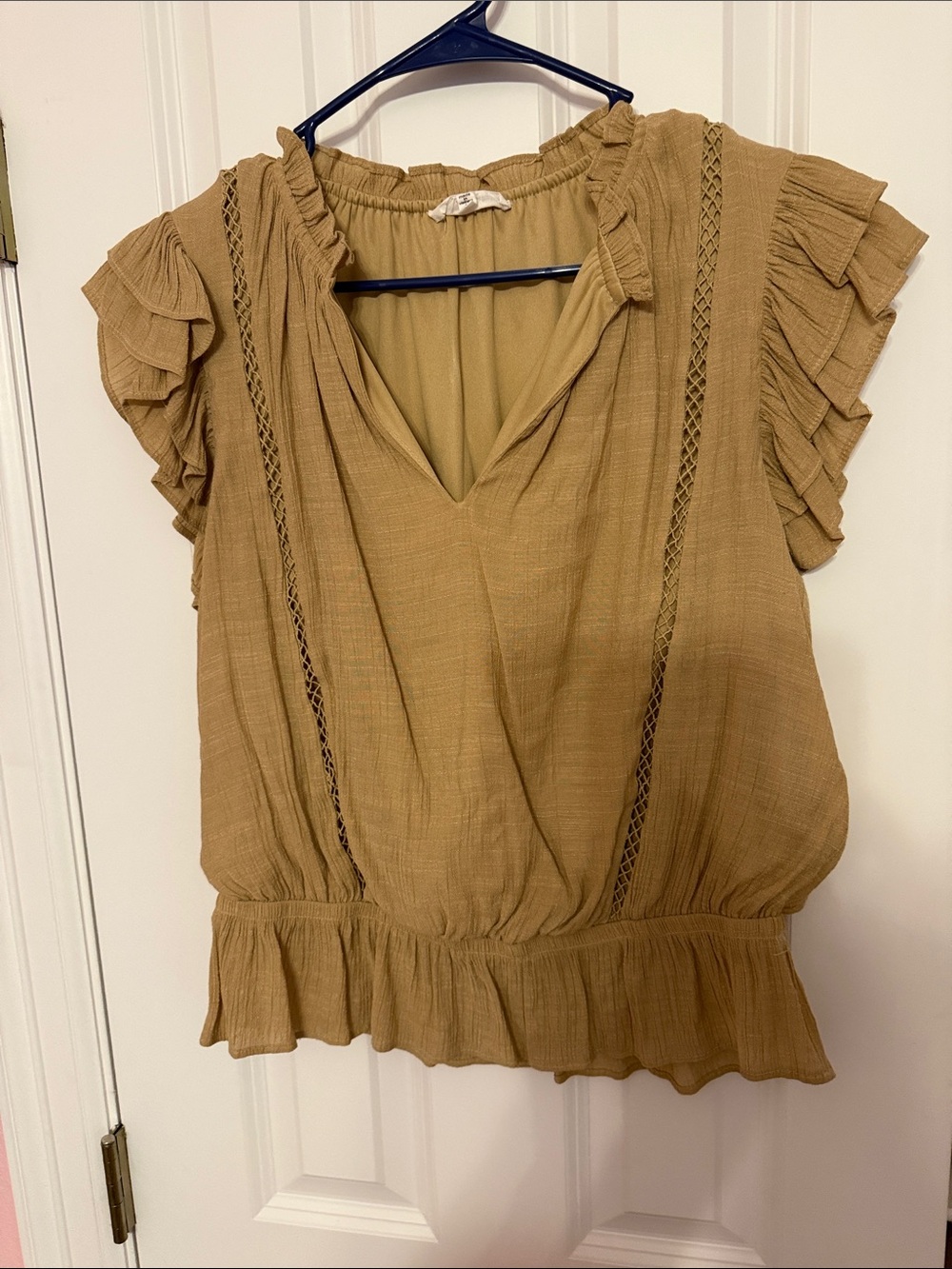 june & hudson Ruffled V-Neck Blouse in Camel